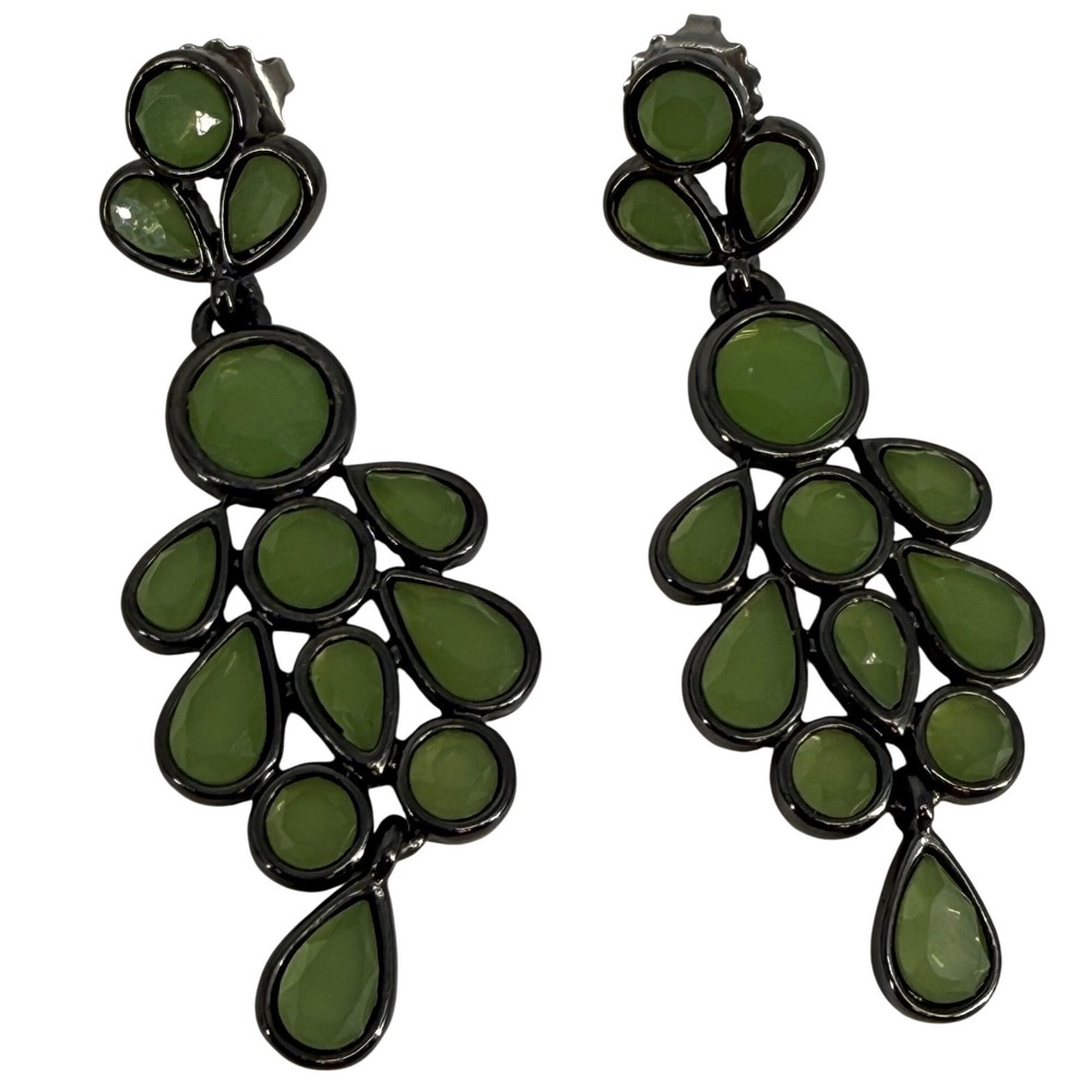 Lia Sophia Green Statement Earrings Chunky Silver Tone‎ Cluster Dangle Gunmetal